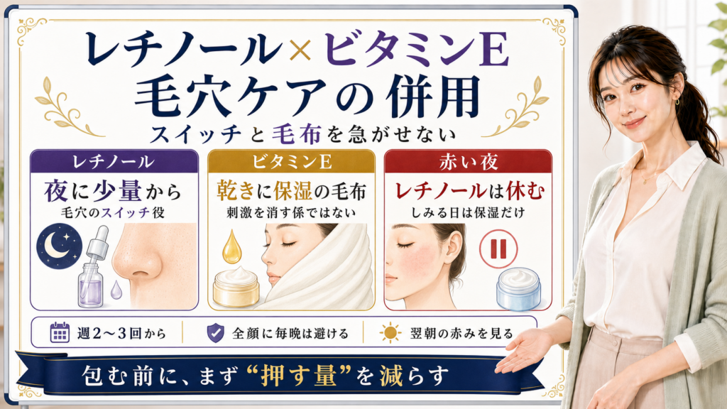 レチノールとビタミンEの併用を、レチノールは夜に少量、ビタミンEは乾きの保湿、赤い夜は休む流れで整理した図