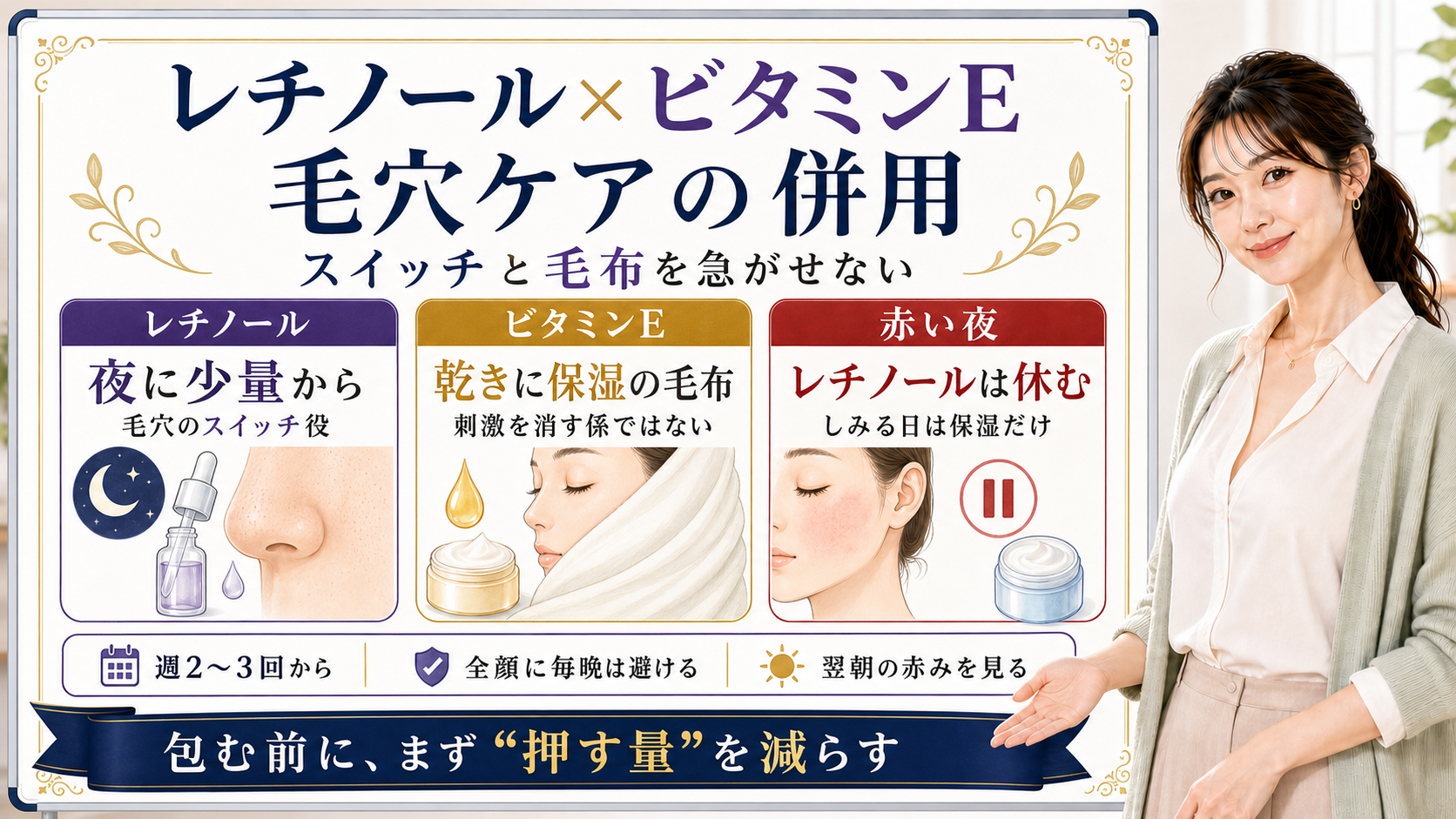 レチノールとビタミンEの併用を、レチノールは夜に少量、ビタミンEは乾きの保湿、赤い夜は休む流れで整理した図
