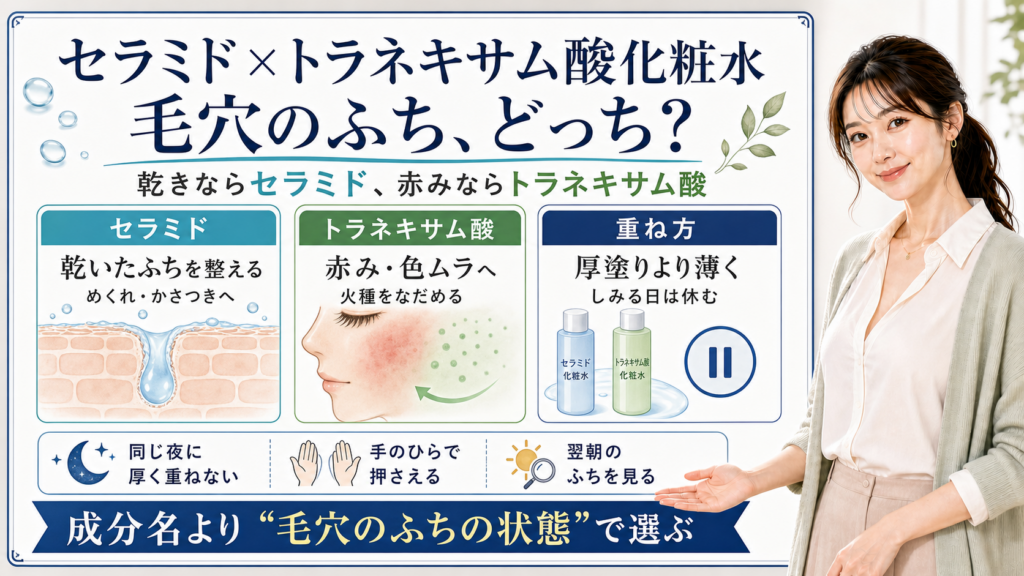 セラミドとトラネキサム酸化粧水を、乾いた毛穴のふちはセラミド、赤みや色ムラはトラネキサム酸として整理した図
