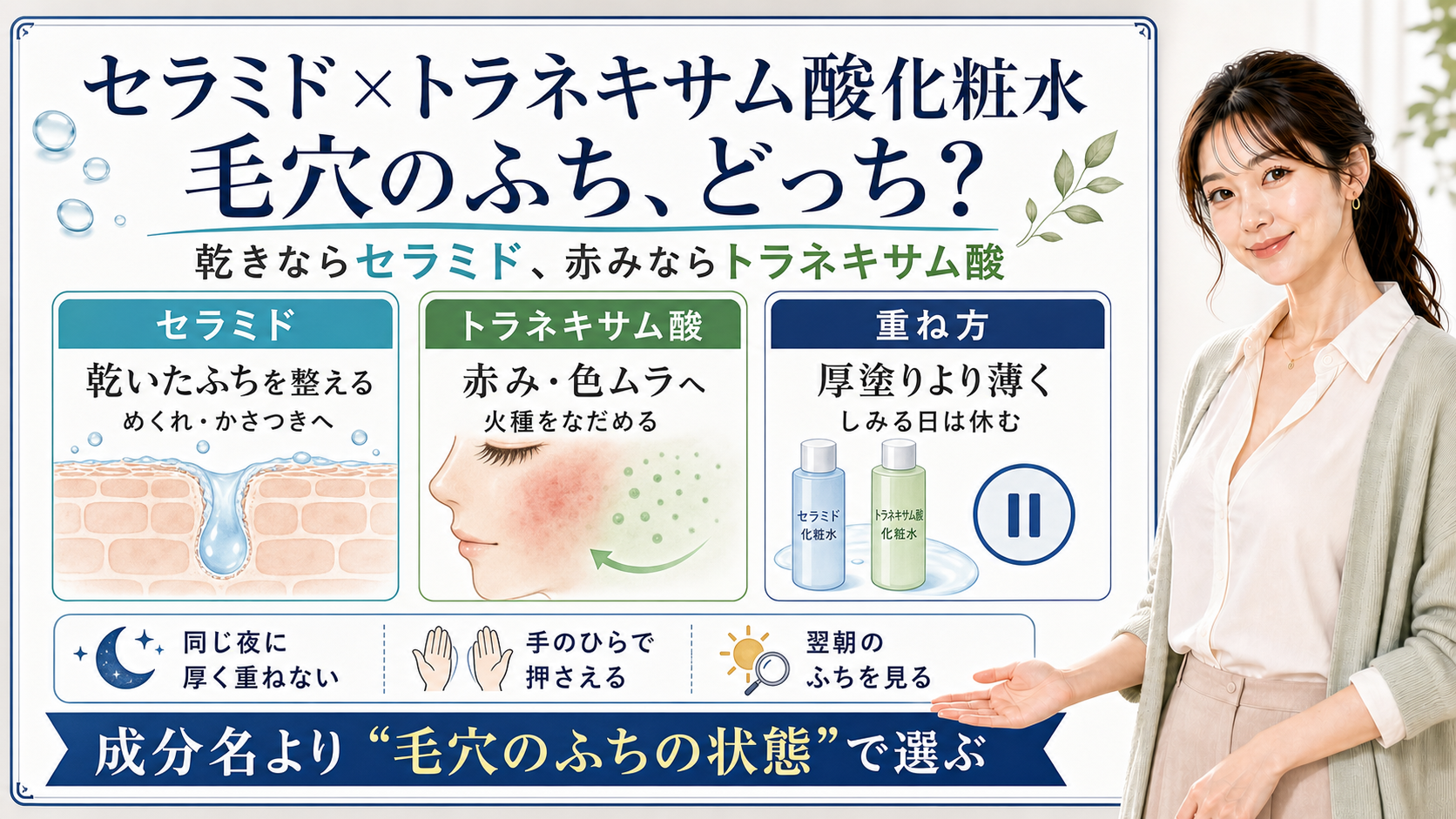 セラミドとトラネキサム酸化粧水を、乾いた毛穴のふちはセラミド、赤みや色ムラはトラネキサム酸として整理した図