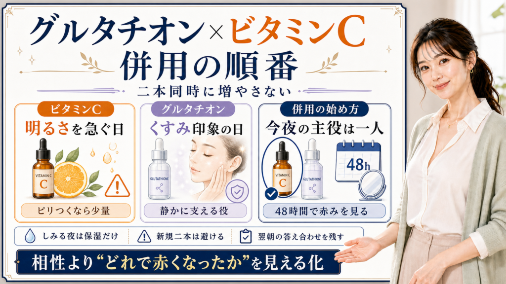 グルタチオンとビタミンCの併用順番を、二本同時に増やさず今夜の主役を一人に絞って48時間で赤みを見る流れで整理した図