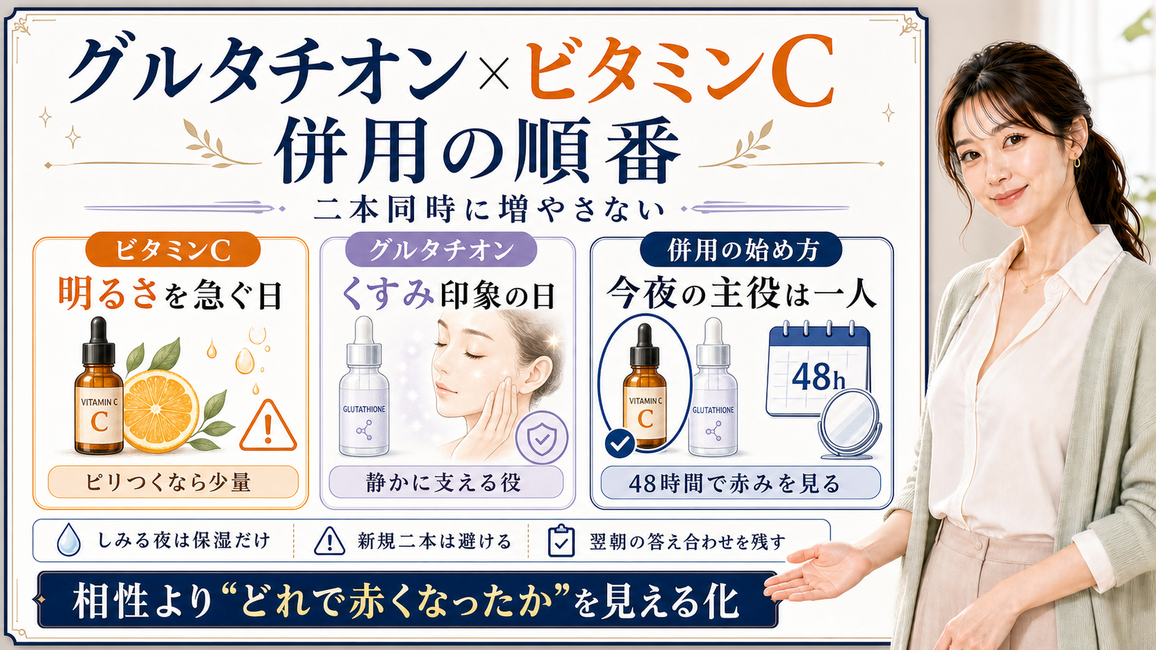 グルタチオンとビタミンCの併用順番を、二本同時に増やさず今夜の主役を一人に絞って48時間で赤みを見る流れで整理した図