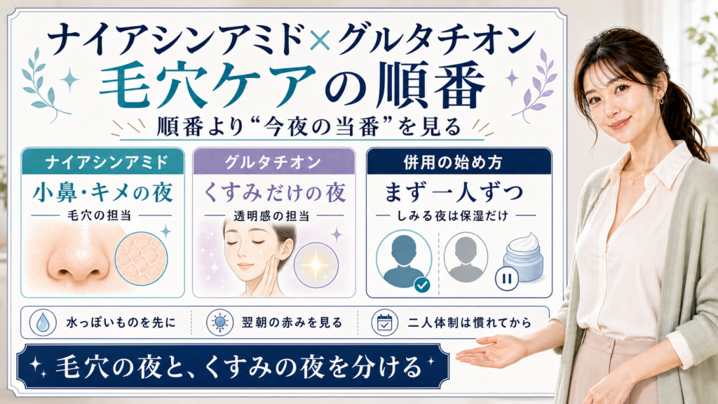 ナイアシンアミドとグルタチオンの毛穴ケアの順番を、小鼻キメの夜とくすみの夜で分ける図