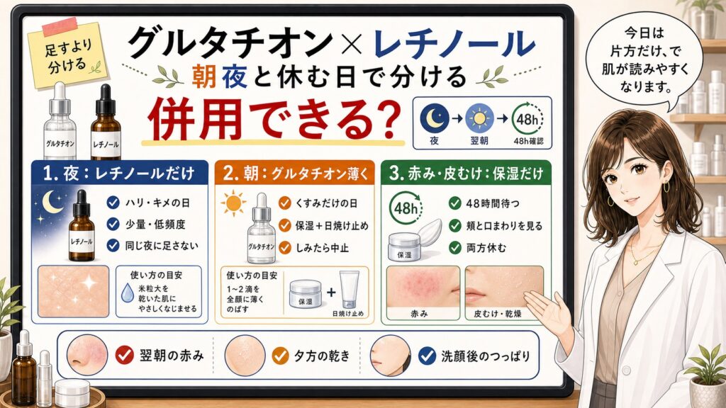 グルタチオンとレチノールを併用できるか、夜のレチノール・朝のグルタチオン・赤みや皮むけの日の保湿だけを大判ボードと女性解説者で示したアイキャッチ