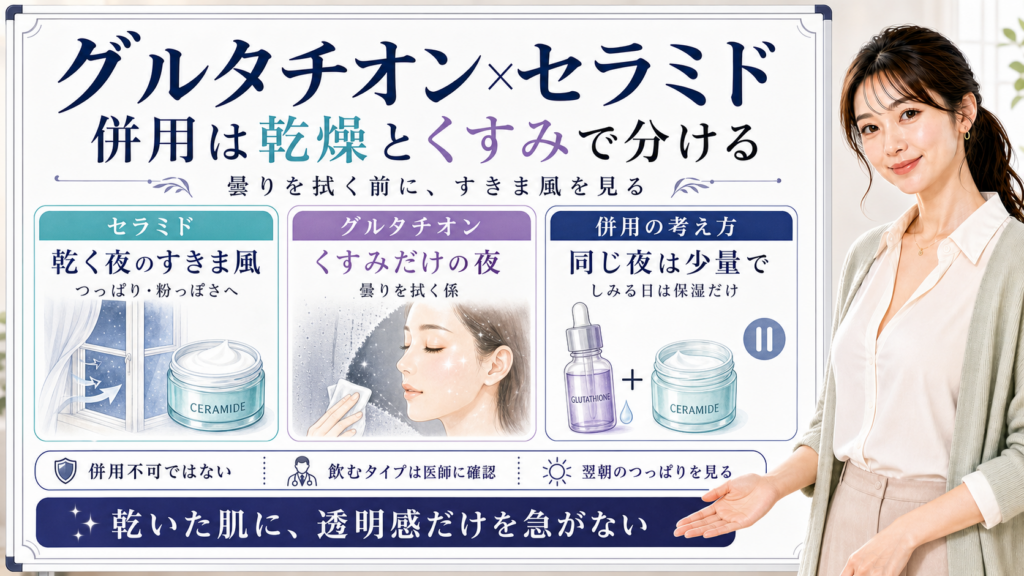 グルタチオンとセラミドの併用を、乾く夜はセラミド、くすみだけの夜はグルタチオンとして分ける図