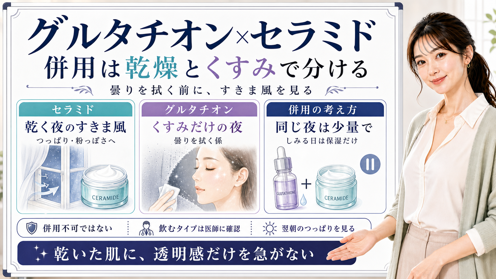 グルタチオンとセラミドの併用を、乾く夜はセラミド、くすみだけの夜はグルタチオンとして分ける図