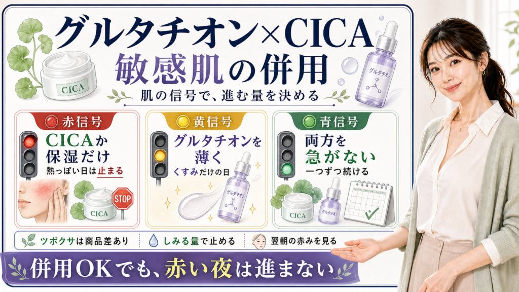 グルタチオンとCICAの併用を、赤信号はCICAか保湿だけ、黄信号はグルタチオンを薄く、青信号でも急がない流れで整理した図
