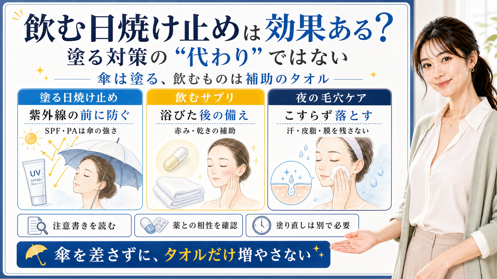 飲む日焼け止めを塗る日焼け止めの代わりではなく、傘と補助のタオルの関係で整理した図