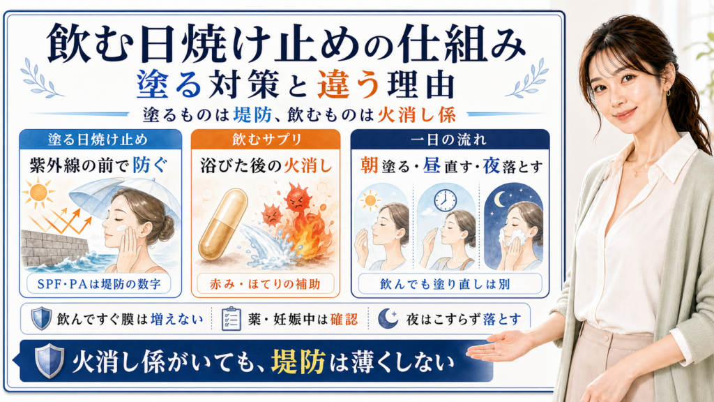 飲む日焼け止めの仕組みを、塗る日焼け止めは堤防、飲むサプリは火消し係として整理した図