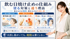 飲む日焼け止めの仕組みを、塗る日焼け止めは堤防、飲むサプリは火消し係として整理した図