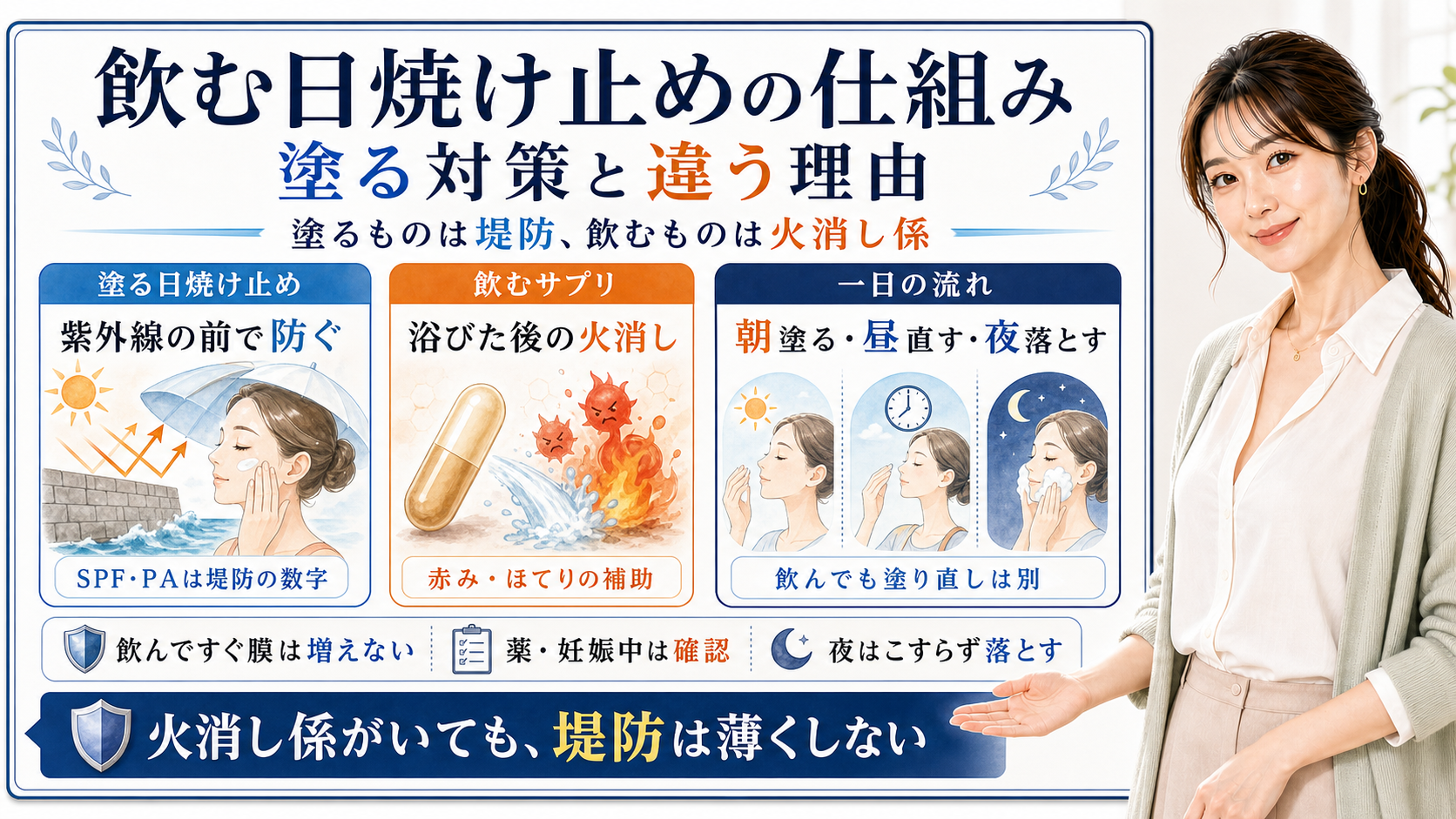 飲む日焼け止めの仕組みを、塗る日焼け止めは堤防、飲むサプリは火消し係として整理した図