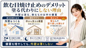 飲む日焼け止めのデメリットを、塗る日焼け止めは外壁、飲むサプリは備蓄として整理した図