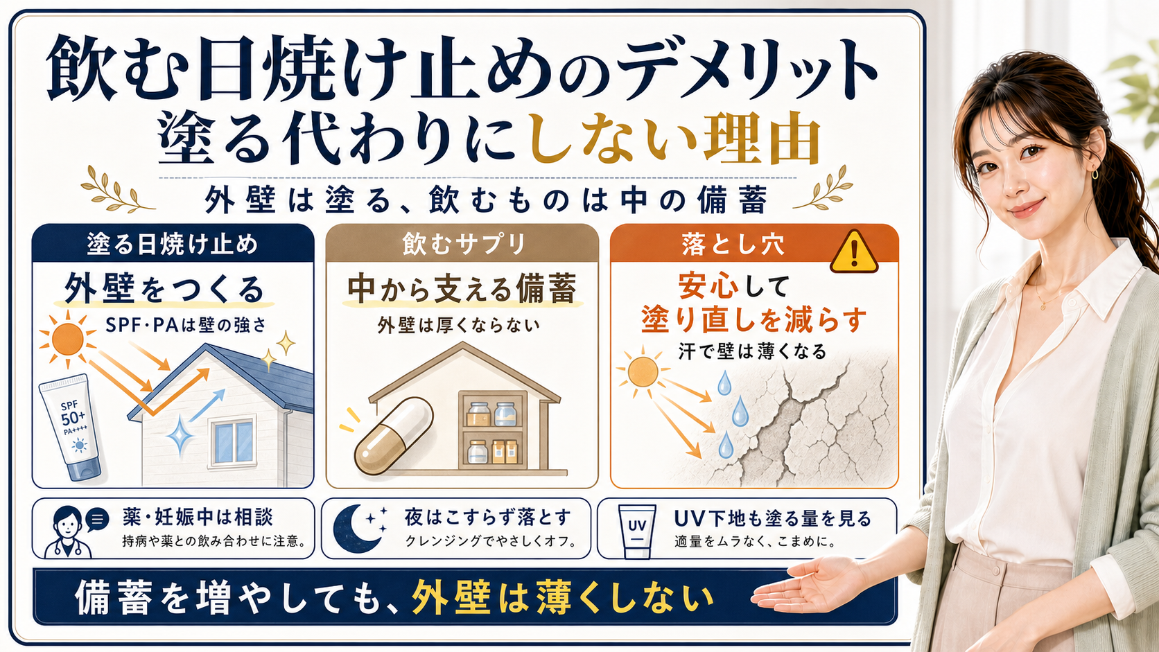 飲む日焼け止めのデメリットを、塗る日焼け止めは外壁、飲むサプリは備蓄として整理した図