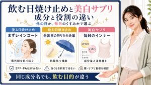 飲む日焼け止めと美白サプリの違いを、塗る日焼け止め、飲む日焼け止め、美白サプリの役割で整理した図