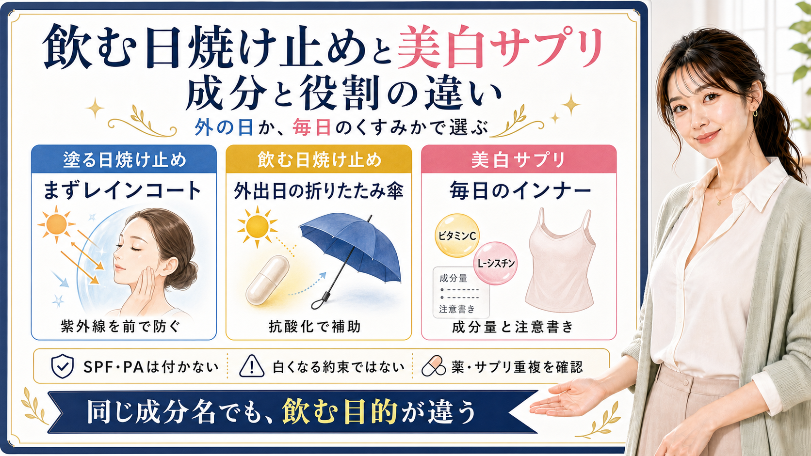 飲む日焼け止めと美白サプリの違いを、塗る日焼け止め、飲む日焼け止め、美白サプリの役割で整理した図