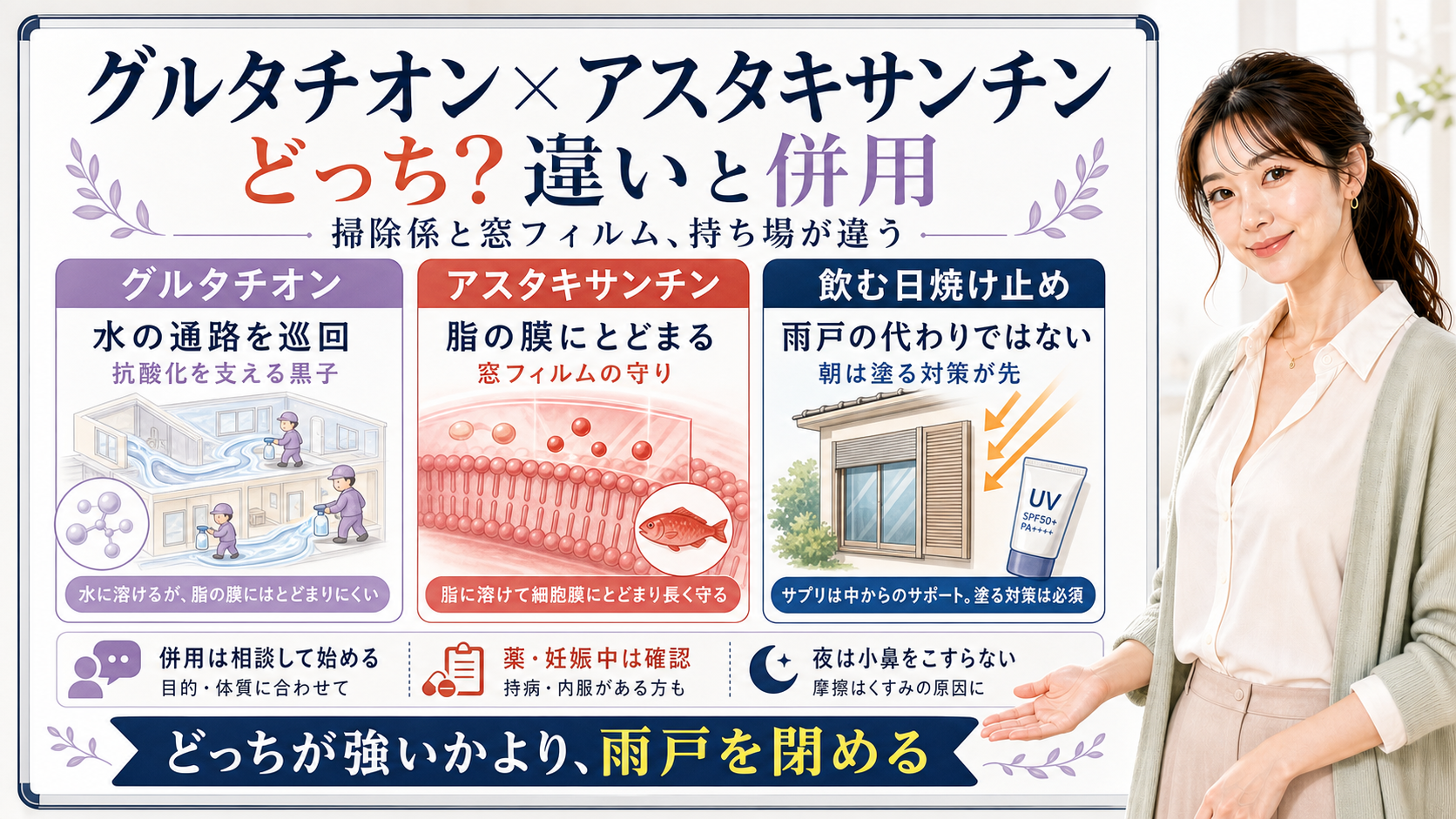 グルタチオンとアスタキサンチンの違いと併用を、水の通路を巡回する掃除係と脂の膜にとどまる窓フィルムとして整理した図