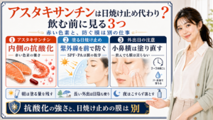 アスタキサンチンは日焼け止め代わりになるかを、内側の抗酸化、塗る日焼け止め、外出日の注意で整理した図