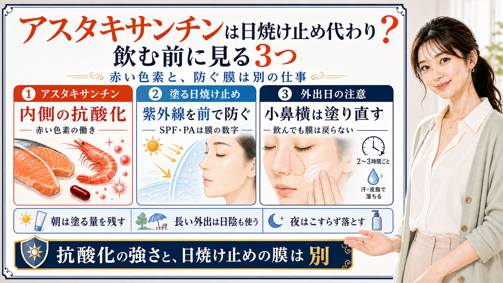 アスタキサンチンは日焼け止め代わりになるかを、内側の抗酸化、塗る日焼け止め、外出日の注意で整理した図