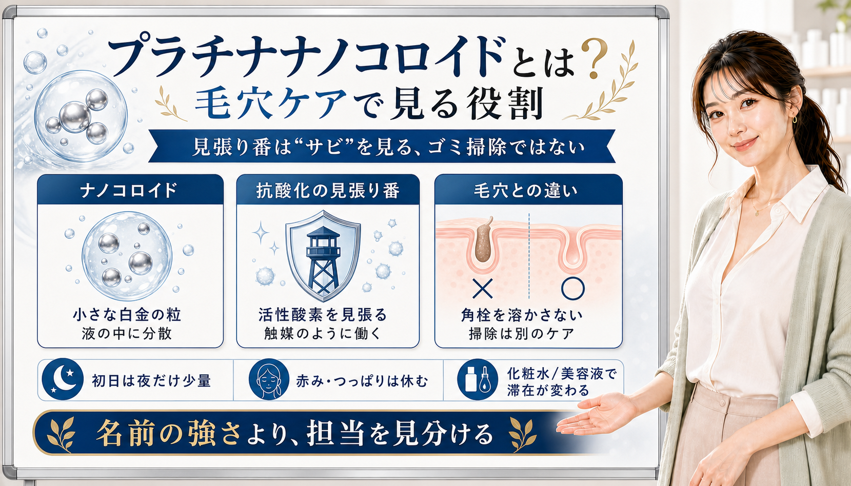 プラチナナノコロイドを、抗酸化の見張り番として、ナノコロイドの意味や角栓掃除との違いで整理した図