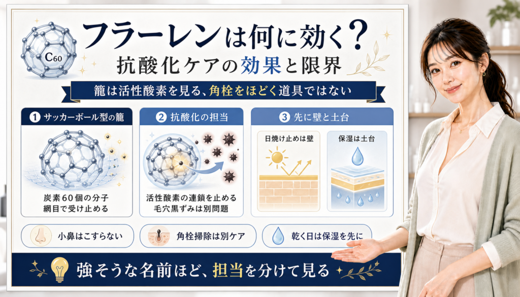 フラーレンを抗酸化の籠として、毛穴黒ずみとの違い、日焼け止めと保湿の役割で整理した図