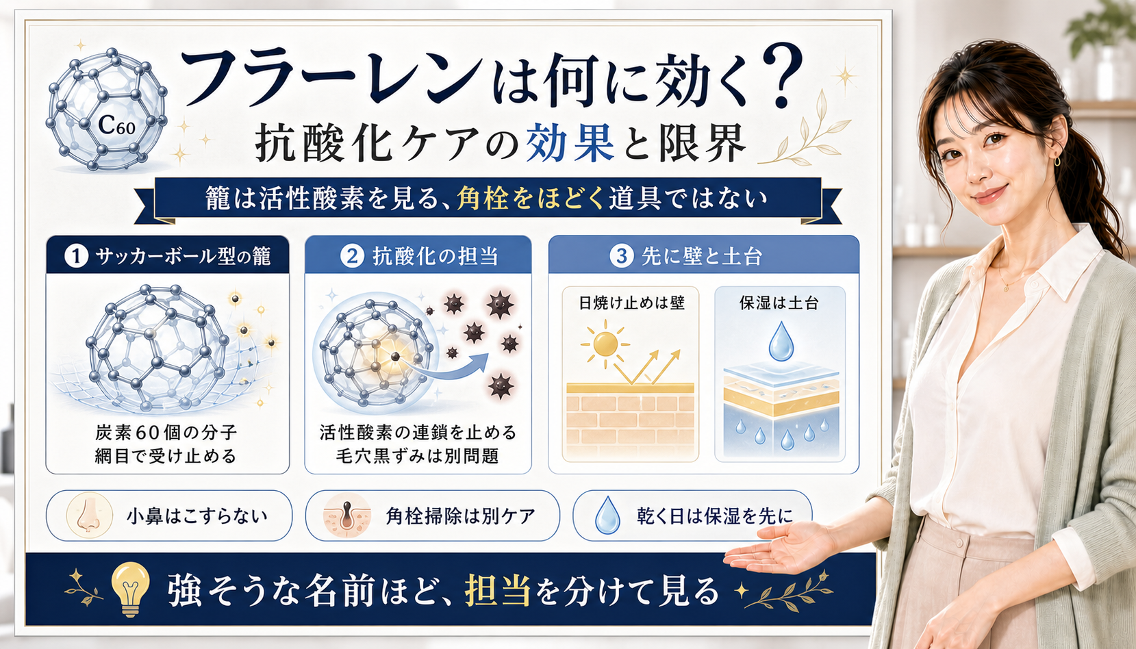 フラーレンを抗酸化の籠として、毛穴黒ずみとの違い、日焼け止めと保湿の役割で整理した図