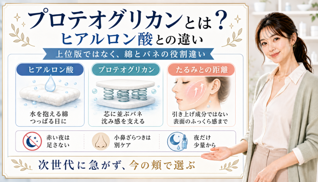 プロテオグリカンとヒアルロン酸の違いを、綿とバネの役割、たるみとの距離で整理した図