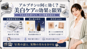 アルブチンの効果と限界を、写真現像の比喩、朝夜の使い分け、シミや毛穴黒ずみとの違いで整理した図