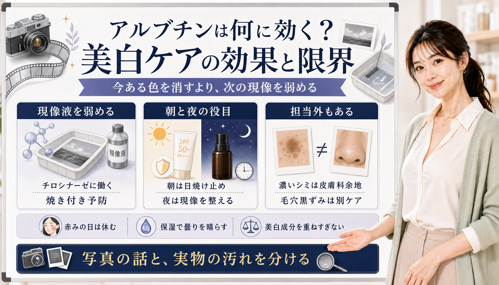 アルブチンの効果と限界を、写真現像の比喩、朝夜の使い分け、シミや毛穴黒ずみとの違いで整理した図