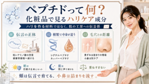 ペプチドを肌の工房への伝言係として、種類の違い、毛穴黒ずみとの距離、朝夜の使い方で整理した図