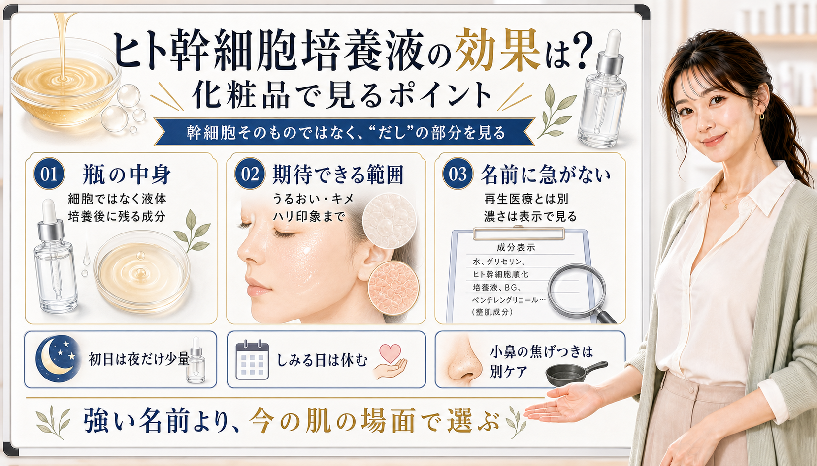 ヒト幹細胞培養液の効果を、幹細胞そのものではない液体、うるおいとキメの範囲、表示確認で整理した図
