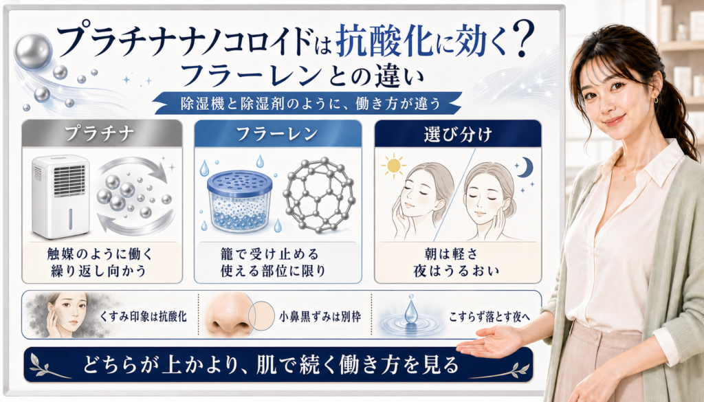 プラチナナノコロイドとフラーレンの抗酸化の違いを、除湿機と除湿剤の比喩、朝夜の選び分けで整理した図