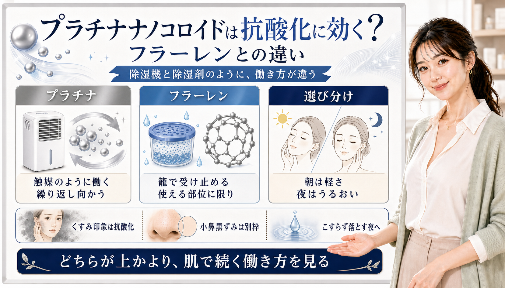 プラチナナノコロイドとフラーレンの抗酸化の違いを、除湿機と除湿剤の比喩、朝夜の選び分けで整理した図