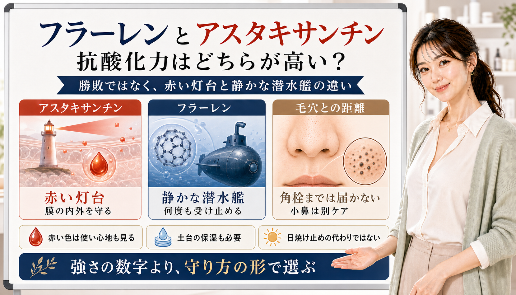 フラーレンとアスタキサンチンの抗酸化力を、静かな潜水艦と赤い灯台の守り方の違いで整理した図