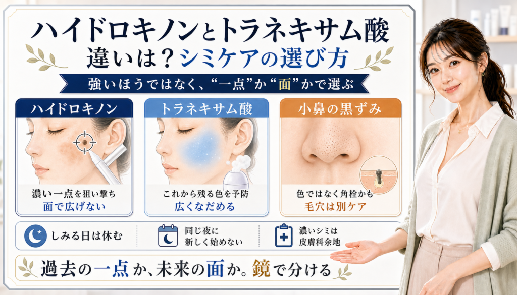 ハイドロキノンとトラネキサム酸の違いを、過去の一点と未来の面、小鼻黒ずみとの違いで整理した図