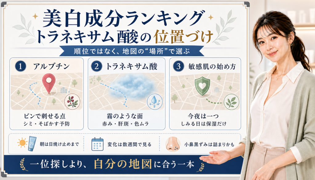 美白成分ランキングでのトラネキサム酸の位置づけを、アルブチンとの違い、地図のピンと霧の面で整理した図