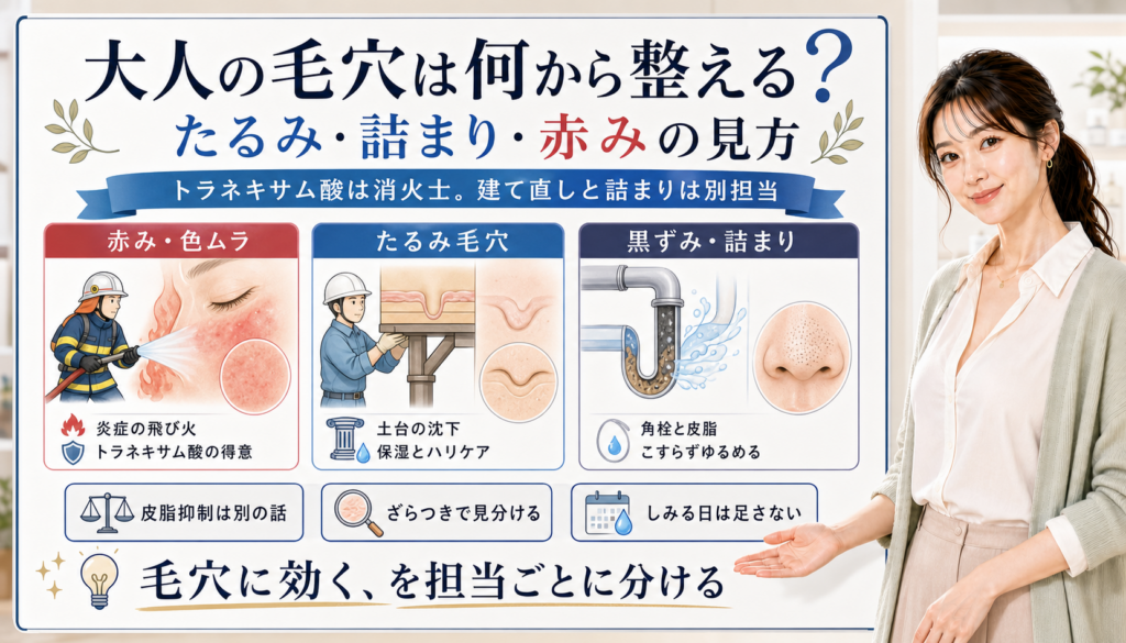 大人の毛穴を、トラネキサム酸が得意な赤み色ムラ、たるみ毛穴、黒ずみ詰まりの担当別に整理した図