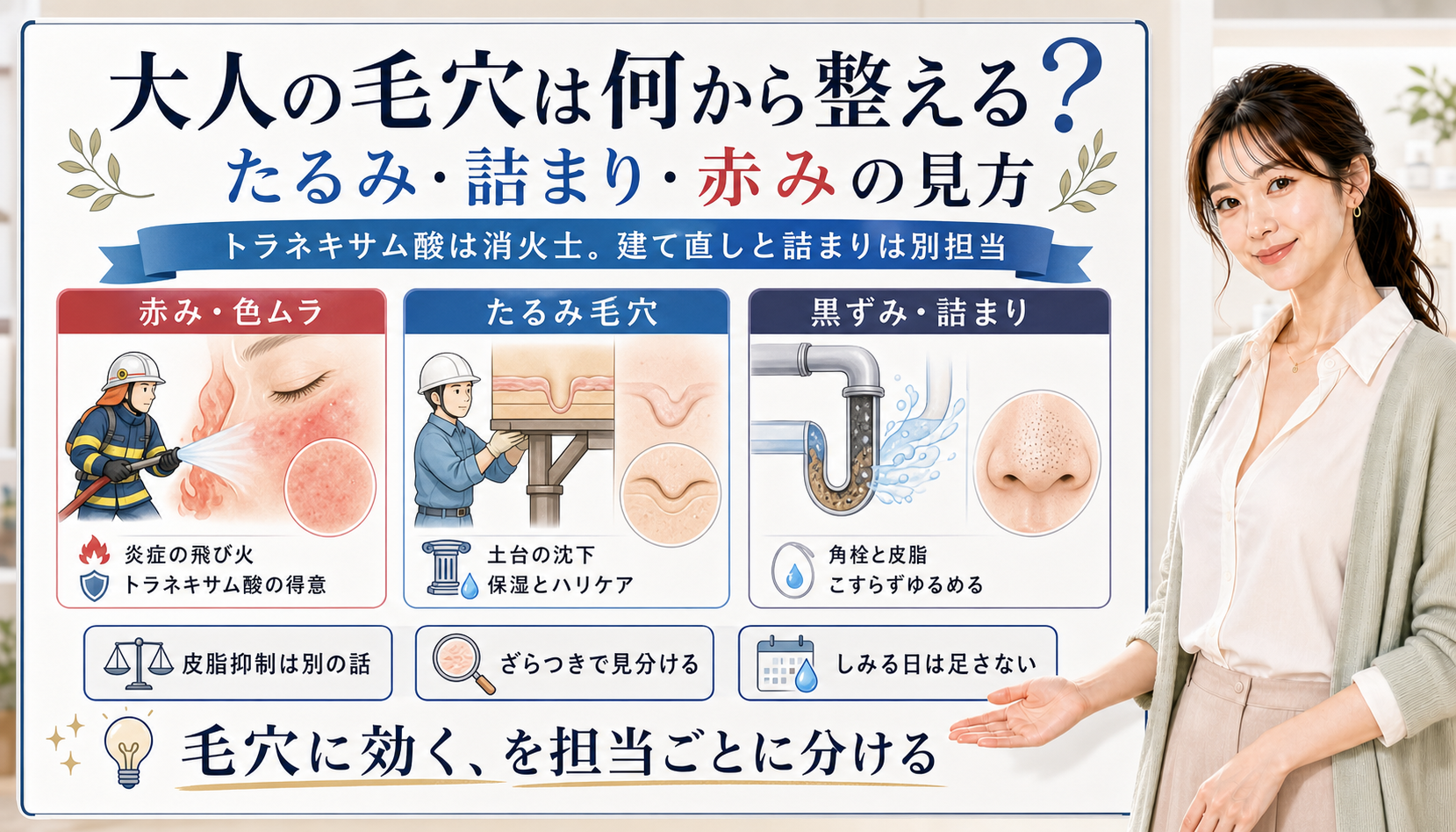 大人の毛穴を、トラネキサム酸が得意な赤み色ムラ、たるみ毛穴、黒ずみ詰まりの担当別に整理した図