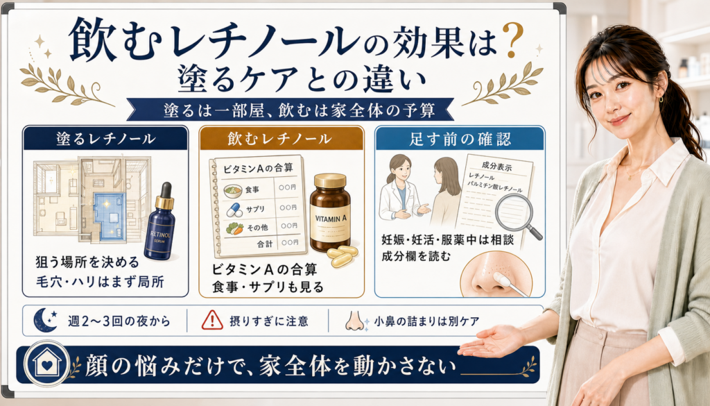 飲むレチノールと塗るレチノールの違いを、一部屋のケアと家全体のビタミンA合算で整理した図