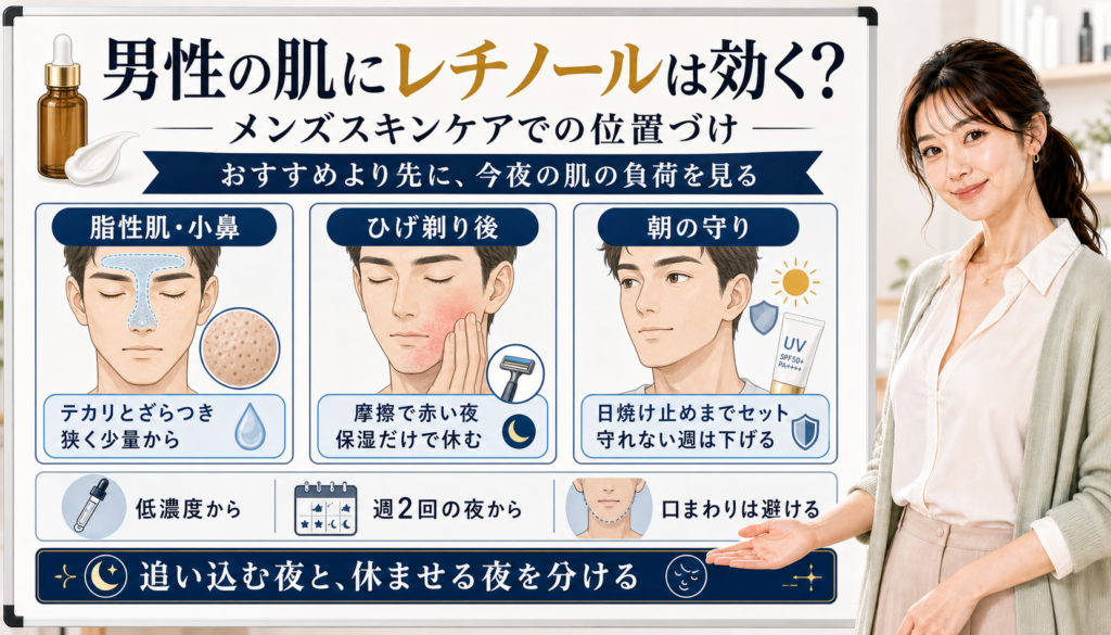 男性の肌にレチノールを使うときの脂性肌、小鼻、ひげ剃り後、日焼け止めの見方を整理した図