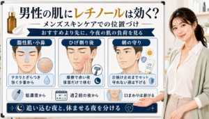 男性の肌にレチノールを使うときの脂性肌、小鼻、ひげ剃り後、日焼け止めの見方を整理した図