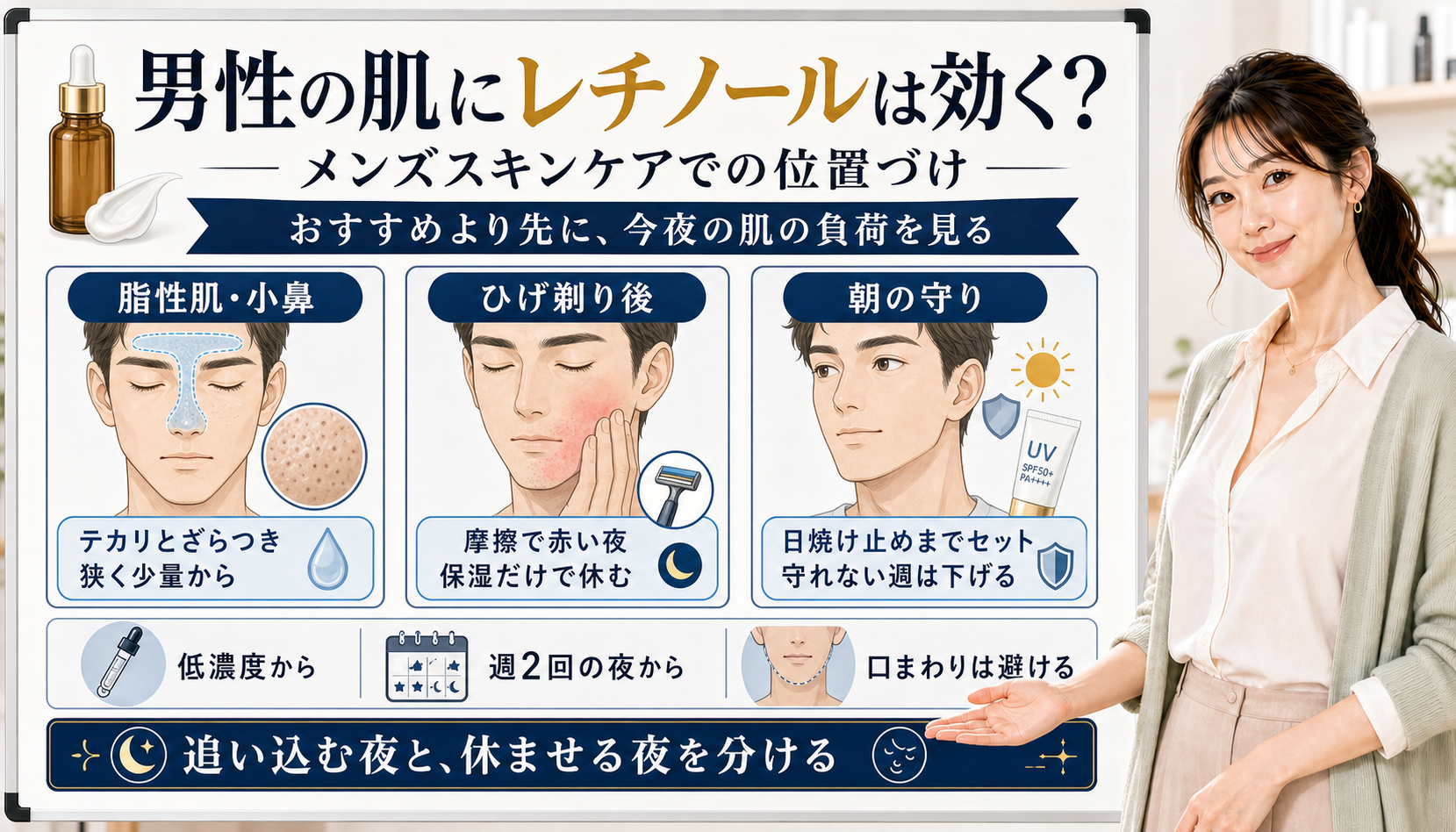 男性の肌にレチノールを使うときの脂性肌、小鼻、ひげ剃り後、日焼け止めの見方を整理した図