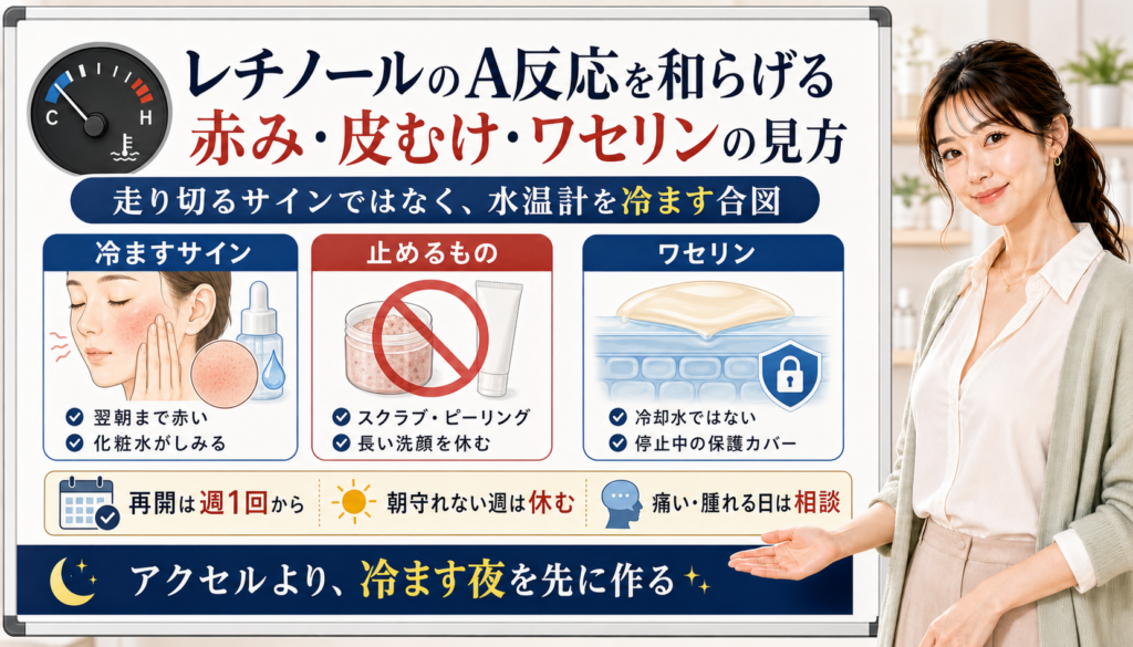 レチノールのA反応を、赤みや皮むけの冷ますサイン、止めるケア、ワセリンの保護カバーで整理した図
