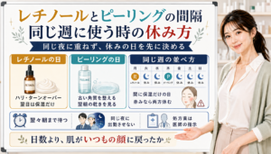 レチノールとピーリングの併用間隔を、同じ週の並べ方、保湿だけの日、赤みがある時の休み方で整理した図