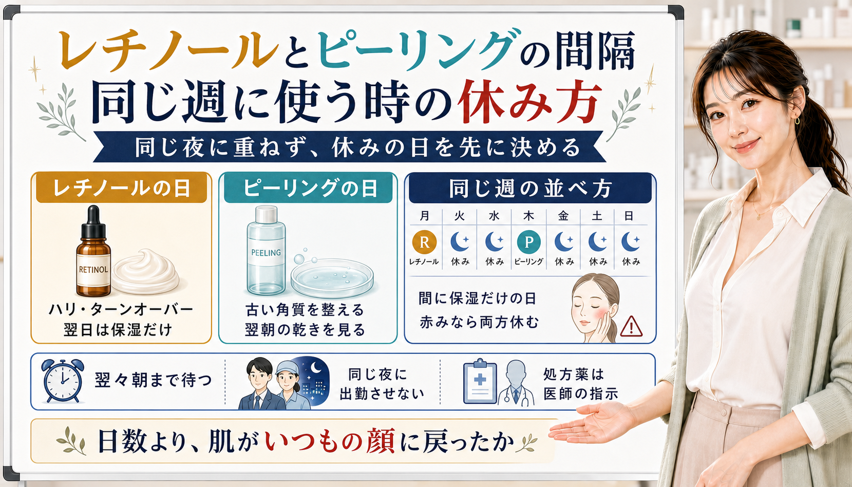 レチノールとピーリングの併用間隔を、同じ週の並べ方、保湿だけの日、赤みがある時の休み方で整理した図