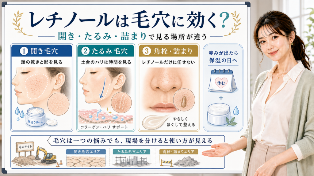 レチノールと毛穴の開き、たるみ、角栓詰まりの見方を説明する図