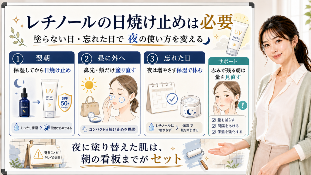 レチノール使用時の日焼け止めと忘れた日の対応を説明する図