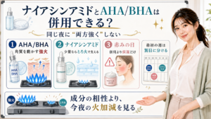 ナイアシンアミドとAHA/BHAの併用可否と赤みを避ける火加減を説明する図
