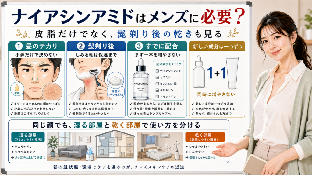 メンズ肌でのナイアシンアミドの使い方を皮脂、髭剃り後、配合確認で説明する図