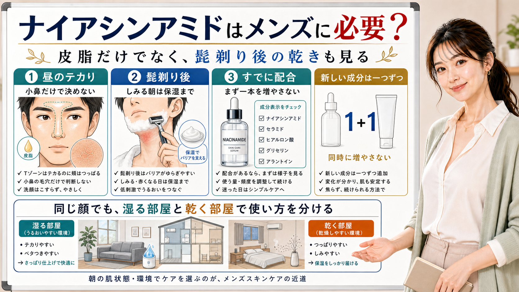 メンズ肌でのナイアシンアミドの使い方を皮脂、髭剃り後、配合確認で説明する図