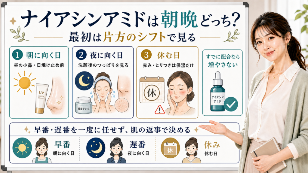 ナイアシンアミドを朝と夜どちらで使うか、朝夜と休む日の分け方を説明する図
